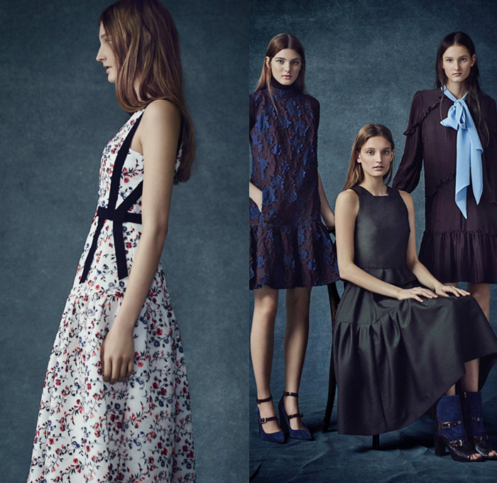 Erdem Moralioglu 2016 Pre Fall Autumn Womens Lookbook Presentation - Flowers Floral Leaves Foliage Botanical Print Graphic Pattern Motif Sheer Chiffon Lace Open Shoulders Pussycat Bow Ribbon Outerwear Trench Coat Coatdress Furry Shaggy Tiered Maxi Dress Goddess Gown Georgette Gown Eveningwear Drapery Embroidery Halter Top Halterneck Bedazzled Metallic Sleeveless Jacket Skirt Frock
