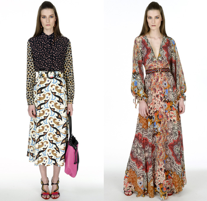 Etro 2016 Pre Fall Autumn Womens Lookbook Presentation - Matisse Floral Flowers Botanical Print Motif Crêpe De Chine Midi Skirt Paisley Grosgrain Ornamental Print Blouse Long Sleeve Wide Leg Trousers Palazzo Pants Dots Drawstring Bohemian Boho Chic Maxi Dress Goddess Georgette Gown Mix Match Embroidery Knit Sweater Jumper Outerwear Coat Pussycat Bow