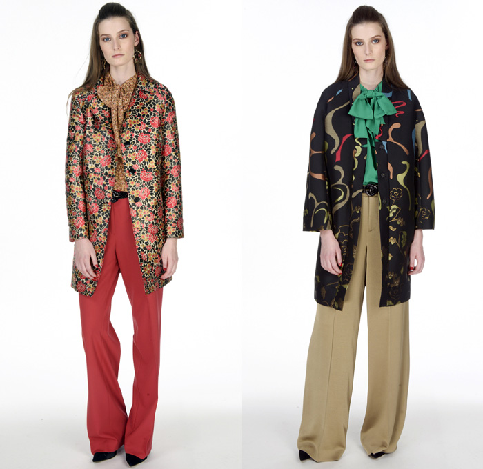 Etro 2016 Pre Fall Autumn Womens Lookbook Presentation - Matisse Floral Flowers Botanical Print Motif Crêpe De Chine Midi Skirt Paisley Grosgrain Ornamental Print Blouse Long Sleeve Wide Leg Trousers Palazzo Pants Dots Drawstring Bohemian Boho Chic Maxi Dress Goddess Georgette Gown Mix Match Embroidery Knit Sweater Jumper Outerwear Coat Pussycat Bow