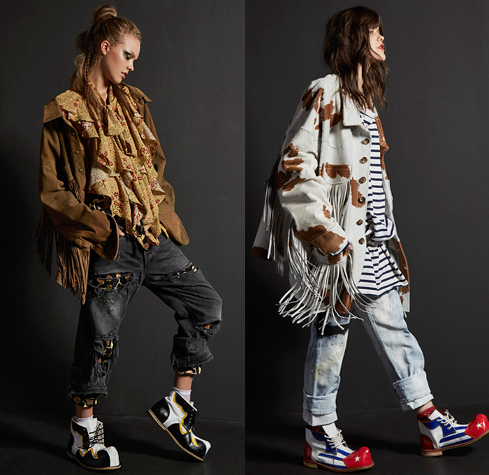 Faith Connexion 2016 Pre Fall Autumn Womens Lookbook Presentation - Destroyed Destructed Ripped Patchwork Denim Jeans Western Fringes Suede Ruffles Motorcycle Biker Outerwear Coat Parka Flowers Floral Print Cowhide Stripes Silk Quilted Sheer Chiffon Lace Blouse Knit Sweater Jumper Turtleneck Jogger Sweatpants Corduroy Furry Shaggy Bow Tie Ribbon Metallic Embroidery Adornments Bedazzled Dress Strapless Ronald McDonald Clown Boots