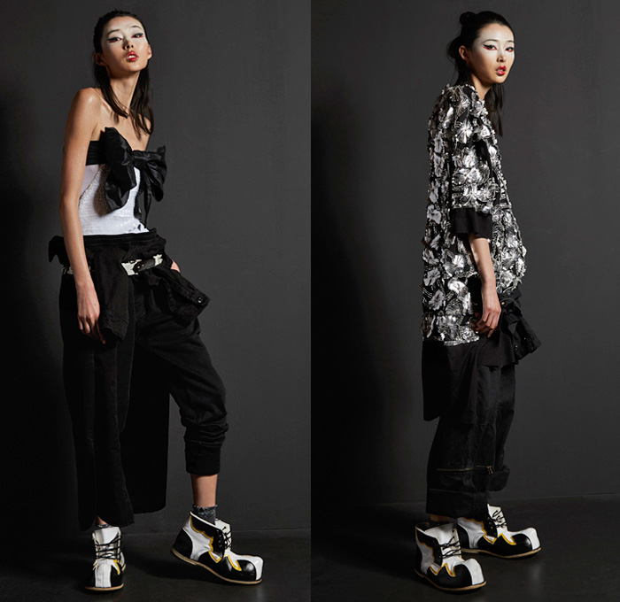 Faith Connexion 2016 Pre Fall Autumn Womens Lookbook Presentation - Destroyed Destructed Ripped Patchwork Denim Jeans Western Fringes Suede Ruffles Motorcycle Biker Outerwear Coat Parka Flowers Floral Print Cowhide Stripes Silk Quilted Sheer Chiffon Lace Blouse Knit Sweater Jumper Turtleneck Jogger Sweatpants Corduroy Furry Shaggy Bow Tie Ribbon Metallic Embroidery Adornments Bedazzled Dress Strapless Ronald McDonald Clown Boots