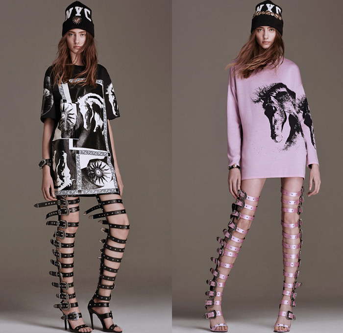 Fausto Puglisi 2016 Pre Fall Autumn Womens Lookbook Presentation - Western Cowgirl Tie-Dye Acid Wash Denim Jeans Horse Print Graphic Motif Ornamental Print Decorative Art Miniskirt Frock Bomber Motorcycle Biker Jacket Shirtdress Sweaterdress Gladiator Belts Straps Sheer Chiffon Dress Fringes Blouse Snake Reptile Cardigan Blazer Zipper Asymmetrical Hem Metal Buttons Leather Knit Cloak Cape Tiered Drapery