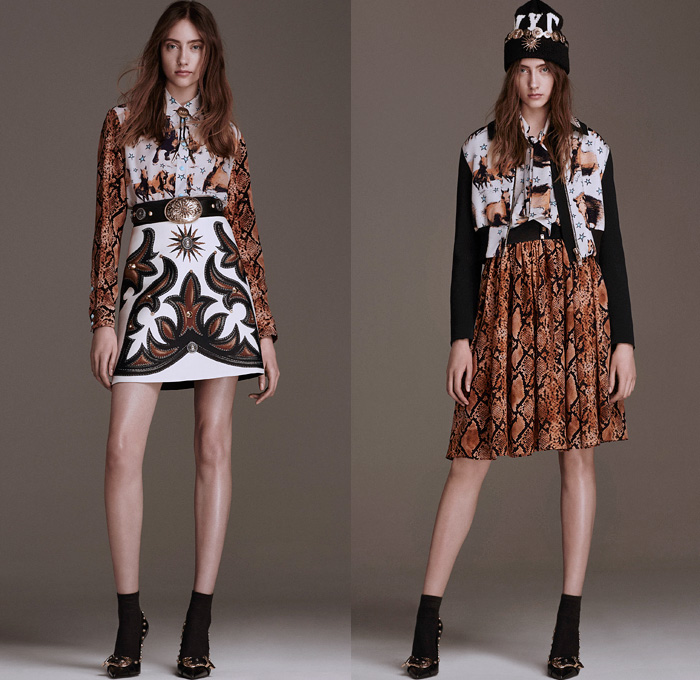 Fausto Puglisi 2016 Pre Fall Autumn Womens Lookbook Presentation - Western Cowgirl Tie-Dye Acid Wash Denim Jeans Horse Print Graphic Motif Ornamental Print Decorative Art Miniskirt Frock Bomber Motorcycle Biker Jacket Shirtdress Sweaterdress Gladiator Belts Straps Sheer Chiffon Dress Fringes Blouse Snake Reptile Cardigan Blazer Zipper Asymmetrical Hem Metal Buttons Leather Knit Cloak Cape Tiered Drapery