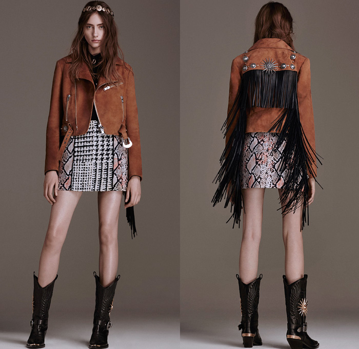 Fausto Puglisi 2016 Pre Fall Autumn Womens Lookbook Presentation - Western Cowgirl Tie-Dye Acid Wash Denim Jeans Horse Print Graphic Motif Ornamental Print Decorative Art Miniskirt Frock Bomber Motorcycle Biker Jacket Shirtdress Sweaterdress Gladiator Belts Straps Sheer Chiffon Dress Fringes Blouse Snake Reptile Cardigan Blazer Zipper Asymmetrical Hem Metal Buttons Leather Knit Cloak Cape Tiered Drapery