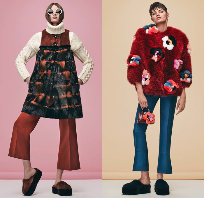 Fendi 2016 Pre Fall Autumn Womens Lookbook Presentation Designer Karl Lagerfeld - 1970s Seventies Clog Slippers Sleepwear Pajamas Lounge Velvet Sheepskin Furry Shaggy Plush Robe Cape Coat Jacket Jacquard Mink Oversized Onesie Playsuit Embroidery Hanging Sleeve Ruffles Slip Dress Pussycat Bow Midi Skirt Check Plaid Accordion Pleats Turtleneck Knit Sweater Sheer Chiffon Lace Halter Top Quilted Tie Up Waist Ribbed