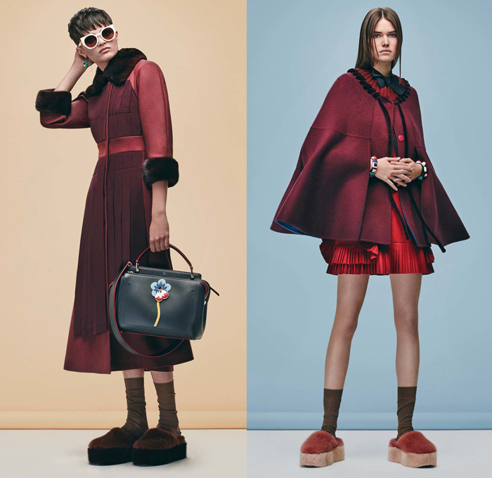 Fendi 2016 Pre Fall Autumn Womens Lookbook Presentation Designer Karl Lagerfeld - 1970s Seventies Clog Slippers Sleepwear Pajamas Lounge Velvet Sheepskin Furry Shaggy Plush Robe Cape Coat Jacket Jacquard Mink Oversized Onesie Playsuit Embroidery Hanging Sleeve Ruffles Slip Dress Pussycat Bow Midi Skirt Check Plaid Accordion Pleats Turtleneck Knit Sweater Sheer Chiffon Lace Halter Top Quilted Tie Up Waist Ribbed