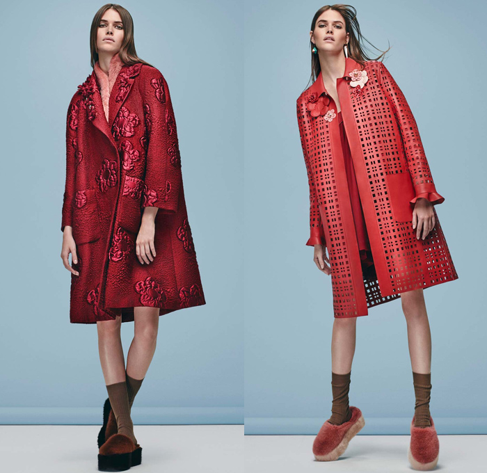 Fendi 2016 Pre Fall Autumn Womens Lookbook Presentation Designer Karl Lagerfeld - 1970s Seventies Clog Slippers Sleepwear Pajamas Lounge Velvet Sheepskin Furry Shaggy Plush Robe Cape Coat Jacket Jacquard Mink Oversized Onesie Playsuit Embroidery Hanging Sleeve Ruffles Slip Dress Pussycat Bow Midi Skirt Check Plaid Accordion Pleats Turtleneck Knit Sweater Sheer Chiffon Lace Halter Top Quilted Tie Up Waist Ribbed