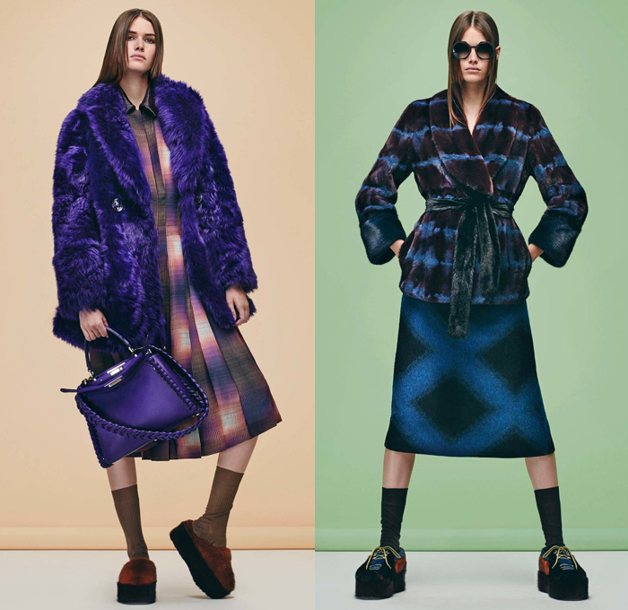 Fendi 2016 Pre Fall Autumn Womens Lookbook Presentation Designer Karl Lagerfeld - 1970s Seventies Clog Slippers Sleepwear Pajamas Lounge Velvet Sheepskin Furry Shaggy Plush Robe Cape Coat Jacket Jacquard Mink Oversized Onesie Playsuit Embroidery Hanging Sleeve Ruffles Slip Dress Pussycat Bow Midi Skirt Check Plaid Accordion Pleats Turtleneck Knit Sweater Sheer Chiffon Lace Halter Top Quilted Tie Up Waist Ribbed