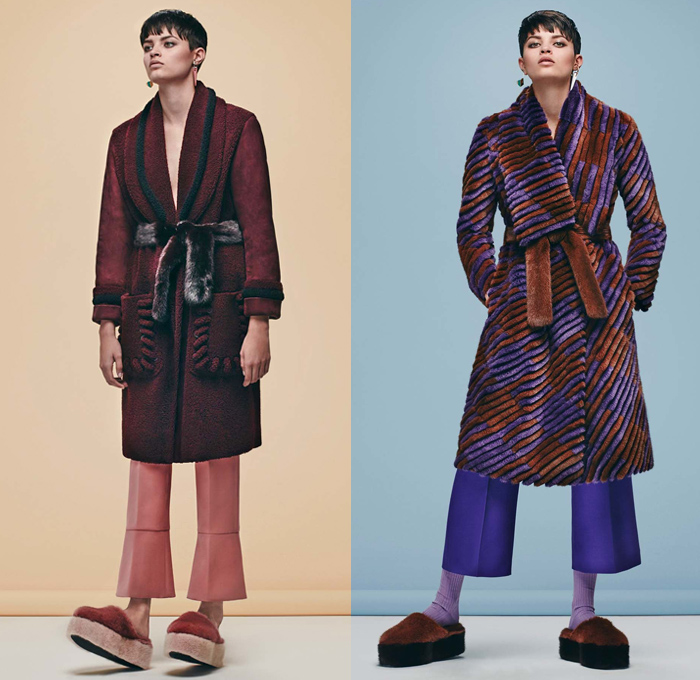 Fendi 2016 Pre Fall Autumn Womens Lookbook Presentation Designer Karl Lagerfeld - 1970s Seventies Clog Slippers Sleepwear Pajamas Lounge Velvet Sheepskin Furry Shaggy Plush Robe Cape Coat Jacket Jacquard Mink Oversized Onesie Playsuit Embroidery Hanging Sleeve Ruffles Slip Dress Pussycat Bow Midi Skirt Check Plaid Accordion Pleats Turtleneck Knit Sweater Sheer Chiffon Lace Halter Top Quilted Tie Up Waist Ribbed