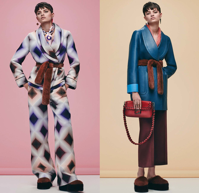 Fendi 2016 Pre Fall Autumn Womens Lookbook Presentation Designer Karl Lagerfeld - 1970s Seventies Clog Slippers Sleepwear Pajamas Lounge Velvet Sheepskin Furry Shaggy Plush Robe Cape Coat Jacket Jacquard Mink Oversized Onesie Playsuit Embroidery Hanging Sleeve Ruffles Slip Dress Pussycat Bow Midi Skirt Check Plaid Accordion Pleats Turtleneck Knit Sweater Sheer Chiffon Lace Halter Top Quilted Tie Up Waist Ribbed