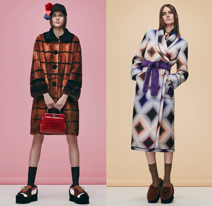 Fendi 2016 Pre Fall Autumn Womens Lookbook Presentation Designer Karl Lagerfeld - 1970s Seventies Clog Slippers Sleepwear Pajamas Lounge Velvet Sheepskin Furry Shaggy Plush Robe Cape Coat Jacket Jacquard Mink Oversized Onesie Playsuit Embroidery Hanging Sleeve Ruffles Slip Dress Pussycat Bow Midi Skirt Check Plaid Accordion Pleats Turtleneck Knit Sweater Sheer Chiffon Lace Halter Top Quilted Tie Up Waist Ribbed