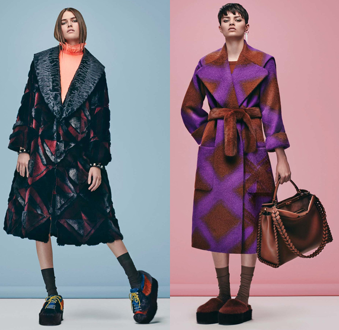 Fendi 2016 Pre Fall Autumn Womens Lookbook Presentation Designer Karl Lagerfeld - 1970s Seventies Clog Slippers Sleepwear Pajamas Lounge Velvet Sheepskin Furry Shaggy Plush Robe Cape Coat Jacket Jacquard Mink Oversized Onesie Playsuit Embroidery Hanging Sleeve Ruffles Slip Dress Pussycat Bow Midi Skirt Check Plaid Accordion Pleats Turtleneck Knit Sweater Sheer Chiffon Lace Halter Top Quilted Tie Up Waist Ribbed