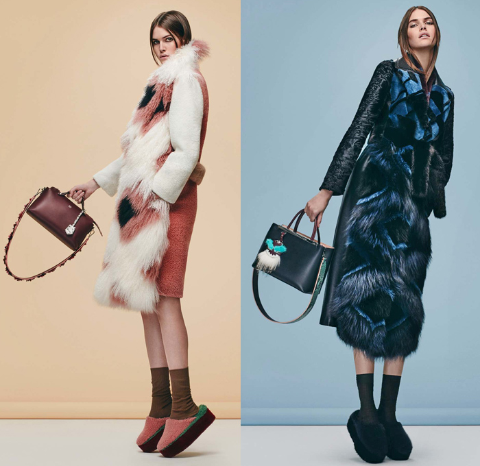 Fendi 2016 Pre Fall Autumn Womens Lookbook Presentation Designer Karl Lagerfeld - 1970s Seventies Clog Slippers Sleepwear Pajamas Lounge Velvet Sheepskin Furry Shaggy Plush Robe Cape Coat Jacket Jacquard Mink Oversized Onesie Playsuit Embroidery Hanging Sleeve Ruffles Slip Dress Pussycat Bow Midi Skirt Check Plaid Accordion Pleats Turtleneck Knit Sweater Sheer Chiffon Lace Halter Top Quilted Tie Up Waist Ribbed