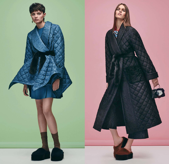 Fendi 2016 Pre Fall Autumn Womens Lookbook Presentation Designer Karl Lagerfeld - 1970s Seventies Clog Slippers Sleepwear Pajamas Lounge Velvet Sheepskin Furry Shaggy Plush Robe Cape Coat Jacket Jacquard Mink Oversized Onesie Playsuit Embroidery Hanging Sleeve Ruffles Slip Dress Pussycat Bow Midi Skirt Check Plaid Accordion Pleats Turtleneck Knit Sweater Sheer Chiffon Lace Halter Top Quilted Tie Up Waist Ribbed