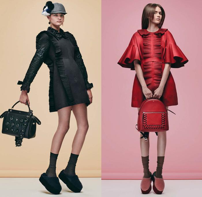 Fendi 2016 Pre Fall Autumn Womens Lookbook Presentation Designer Karl Lagerfeld - 1970s Seventies Clog Slippers Sleepwear Pajamas Lounge Velvet Sheepskin Furry Shaggy Plush Robe Cape Coat Jacket Jacquard Mink Oversized Onesie Playsuit Embroidery Hanging Sleeve Ruffles Slip Dress Pussycat Bow Midi Skirt Check Plaid Accordion Pleats Turtleneck Knit Sweater Sheer Chiffon Lace Halter Top Quilted Tie Up Waist Ribbed