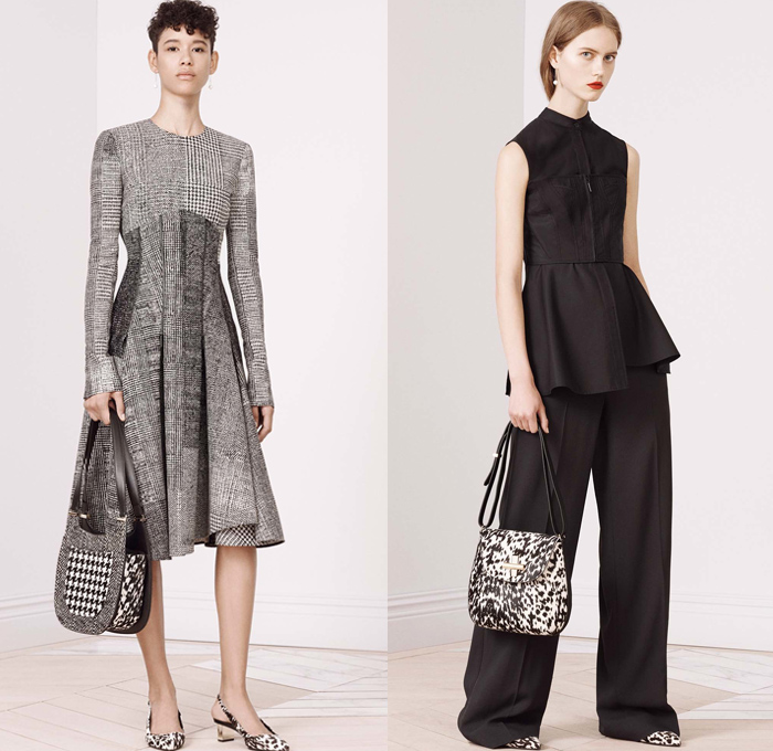 Jason Wu 2016 Pre Fall Autumn Womens Lookbook Presentation - Slip Dress Houndstooth Herringbone Camisole Wool Outerwear Fox Coat Patchwork Furry Wide Leg Trousers Palazzo Pants Animal Spots Asymmetrical Hem Accordion Pleats Skirt Frock Peplum 3D Petals Flowers Embroidery Sheer Chiffon Gown Eveningwear Ruffles Cutout Noodle Spaghetti Strap Silk Satin Handbag 