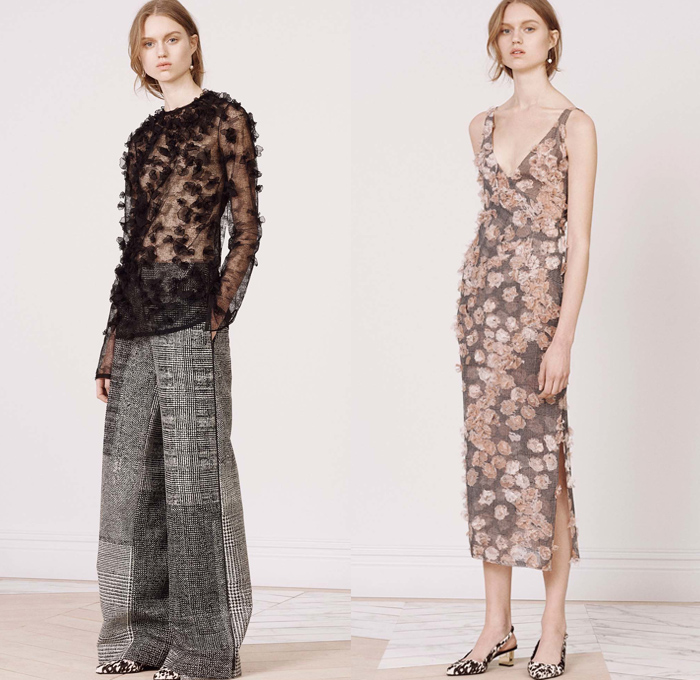 Jason Wu 2016 Pre Fall Autumn Womens Lookbook Presentation - Slip Dress Houndstooth Herringbone Camisole Wool Outerwear Fox Coat Patchwork Furry Wide Leg Trousers Palazzo Pants Animal Spots Asymmetrical Hem Accordion Pleats Skirt Frock Peplum 3D Petals Flowers Embroidery Sheer Chiffon Gown Eveningwear Ruffles Cutout Noodle Spaghetti Strap Silk Satin Handbag 