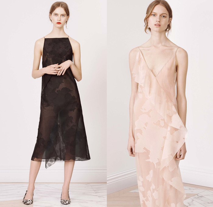 Jason Wu 2016 Pre Fall Autumn Womens Lookbook Presentation - Slip Dress Houndstooth Herringbone Camisole Wool Outerwear Fox Coat Patchwork Furry Wide Leg Trousers Palazzo Pants Animal Spots Asymmetrical Hem Accordion Pleats Skirt Frock Peplum 3D Petals Flowers Embroidery Sheer Chiffon Gown Eveningwear Ruffles Cutout Noodle Spaghetti Strap Silk Satin Handbag 