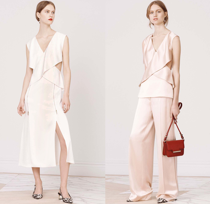 Jason Wu 2016 Pre Fall Autumn Womens Lookbook Presentation - Slip Dress Houndstooth Herringbone Camisole Wool Outerwear Fox Coat Patchwork Furry Wide Leg Trousers Palazzo Pants Animal Spots Asymmetrical Hem Accordion Pleats Skirt Frock Peplum 3D Petals Flowers Embroidery Sheer Chiffon Gown Eveningwear Ruffles Cutout Noodle Spaghetti Strap Silk Satin Handbag 