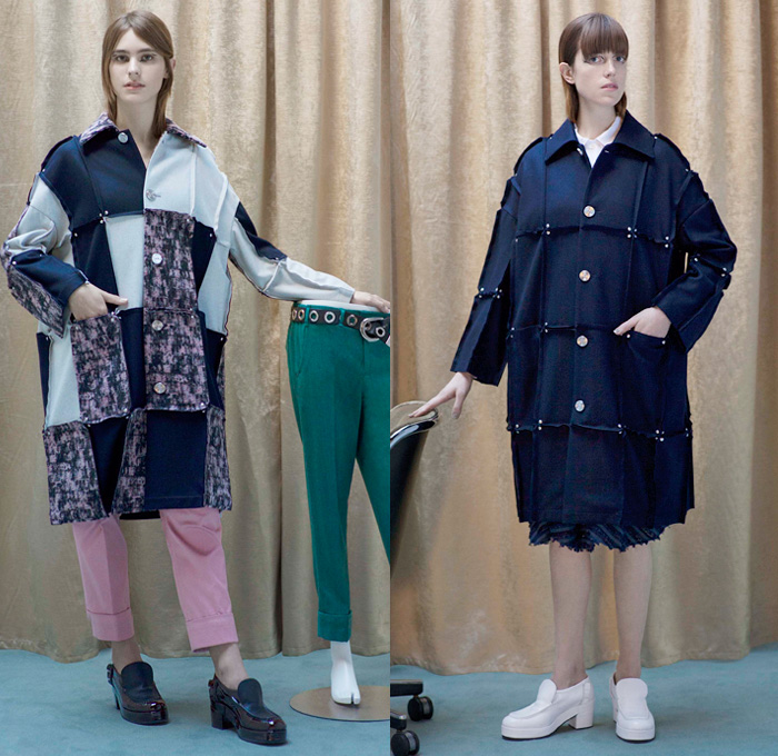 Julien David 2016 Pre Fall Autumn Womens Lookbook Presentation - Robots Technology Mecha Retro Patchwork Oversized Shirtdress Outerwear Coatdress High Waist Cropped Pants Skirt Frock Crop Top Midriff Low Neckline Landscape Dress Check Windowpane Grid Blouse Long Sleeve Nerd Grandma Geek Chic Embroidery Embellishments Fringes Sheer Chiffon Chunky Knit Sweater