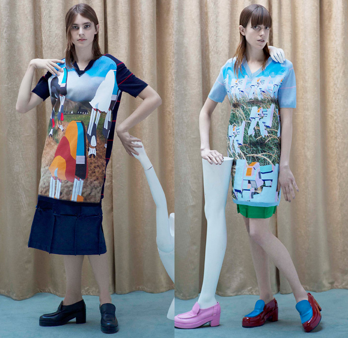 Julien David 2016 Pre Fall Autumn Womens Lookbook Presentation - Robots Technology Mecha Retro Patchwork Oversized Shirtdress Outerwear Coatdress High Waist Cropped Pants Skirt Frock Crop Top Midriff Low Neckline Landscape Dress Check Windowpane Grid Blouse Long Sleeve Nerd Grandma Geek Chic Embroidery Embellishments Fringes Sheer Chiffon Chunky Knit Sweater