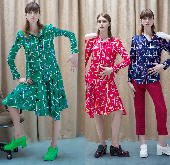 Julien David 2016 Pre Fall Autumn Womens Lookbook Presentation - Robots Technology Mecha Retro Patchwork Oversized Shirtdress Outerwear Coatdress High Waist Cropped Pants Skirt Frock Crop Top Midriff Low Neckline Landscape Dress Check Windowpane Grid Blouse Long Sleeve Nerd Grandma Geek Chic Embroidery Embellishments Fringes Sheer Chiffon Chunky Knit Sweater