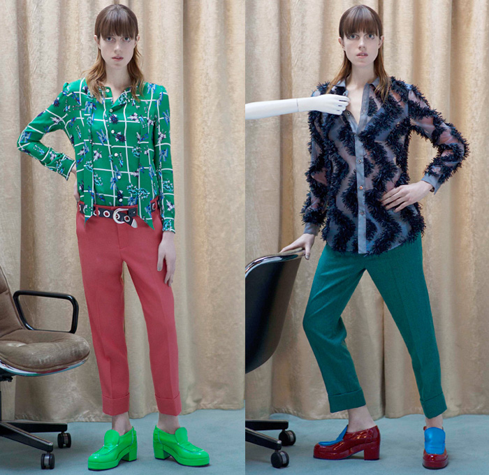 Julien David 2016 Pre Fall Autumn Womens Lookbook Presentation - Robots Technology Mecha Retro Patchwork Oversized Shirtdress Outerwear Coatdress High Waist Cropped Pants Skirt Frock Crop Top Midriff Low Neckline Landscape Dress Check Windowpane Grid Blouse Long Sleeve Nerd Grandma Geek Chic Embroidery Embellishments Fringes Sheer Chiffon Chunky Knit Sweater