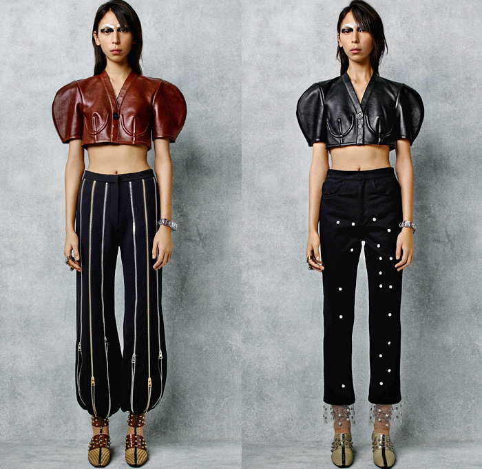 J.W.Anderson 2016 Pre Fall Autumn Womens Lookbook Presentation - Balloon Leg O Mutton Sleeves Edwardian Shell Suit Tracksuit Crop Top Midriff Zipper Leather Harem Pants Metallic Studs Dots Bow Ribbons Jeans Miniskirt Frock Cargo Pockets Chunky Knit Sweater Stockings Leggings Tights Nylon Cinch Drawstring Furry Plush Outerwear Jacket Grid Lattice Stripes Turtleneck Pinstripe Ruffles Shirtdress Organic Shape Handbag