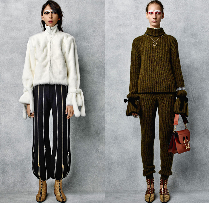 J.W.Anderson 2016 Pre Fall Autumn Womens Lookbook Presentation - Balloon Leg O Mutton Sleeves Edwardian Shell Suit Tracksuit Crop Top Midriff Zipper Leather Harem Pants Metallic Studs Dots Bow Ribbons Jeans Miniskirt Frock Cargo Pockets Chunky Knit Sweater Stockings Leggings Tights Nylon Cinch Drawstring Furry Plush Outerwear Jacket Grid Lattice Stripes Turtleneck Pinstripe Ruffles Shirtdress Organic Shape Handbag