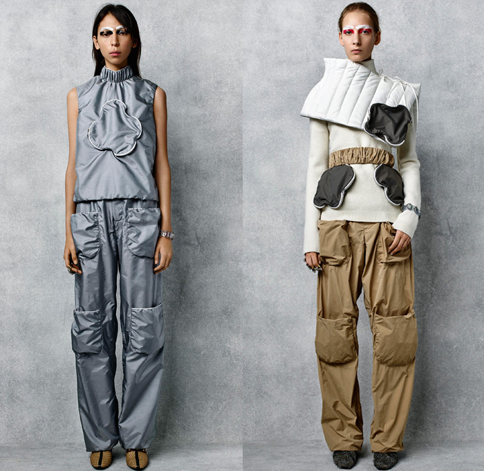 J.W.Anderson 2016 Pre Fall Autumn Womens Lookbook Presentation - Balloon Leg O Mutton Sleeves Edwardian Shell Suit Tracksuit Crop Top Midriff Zipper Leather Harem Pants Metallic Studs Dots Bow Ribbons Jeans Miniskirt Frock Cargo Pockets Chunky Knit Sweater Stockings Leggings Tights Nylon Cinch Drawstring Furry Plush Outerwear Jacket Grid Lattice Stripes Turtleneck Pinstripe Ruffles Shirtdress Organic Shape Handbag