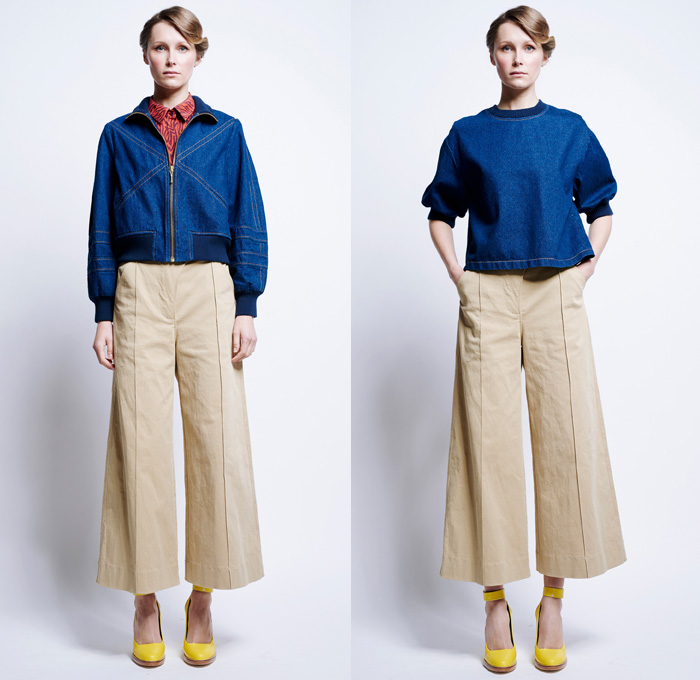 Karen Walker 2016 Pre Fall Autumn Womens Lookbook Presentation - 1960s Sixties Mod Denim Jeans Poplin Shirt Blouse Khaki Wrap Harem Pants Sweaterdress Shirtdress Wide Leg Trousers Palazzo Cropped Pants Sheer Chiffon Flame Outline Maze Diamond Sweater Jumper Jacquard Ornamental Cargo Pockets Handkerchief Asymmetrical Hem Miniskirt Stripes Vest Waistcoat Tiered Dress Halter Top