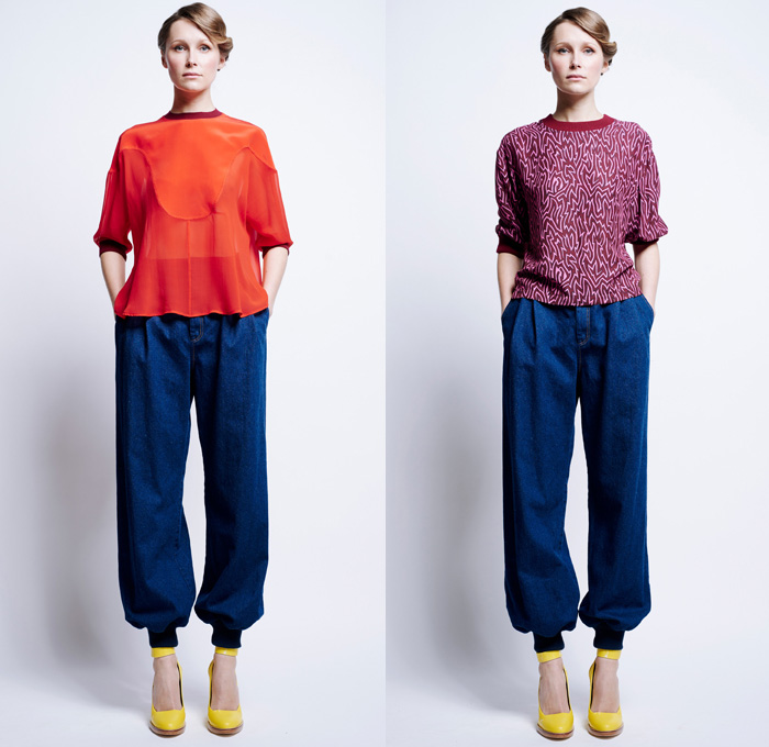 Karen Walker 2016 Pre Fall Autumn Womens Lookbook Presentation - 1960s Sixties Mod Denim Jeans Poplin Shirt Blouse Khaki Wrap Harem Pants Sweaterdress Shirtdress Wide Leg Trousers Palazzo Cropped Pants Sheer Chiffon Flame Outline Maze Diamond Sweater Jumper Jacquard Ornamental Cargo Pockets Handkerchief Asymmetrical Hem Miniskirt Stripes Vest Waistcoat Tiered Dress Halter Top