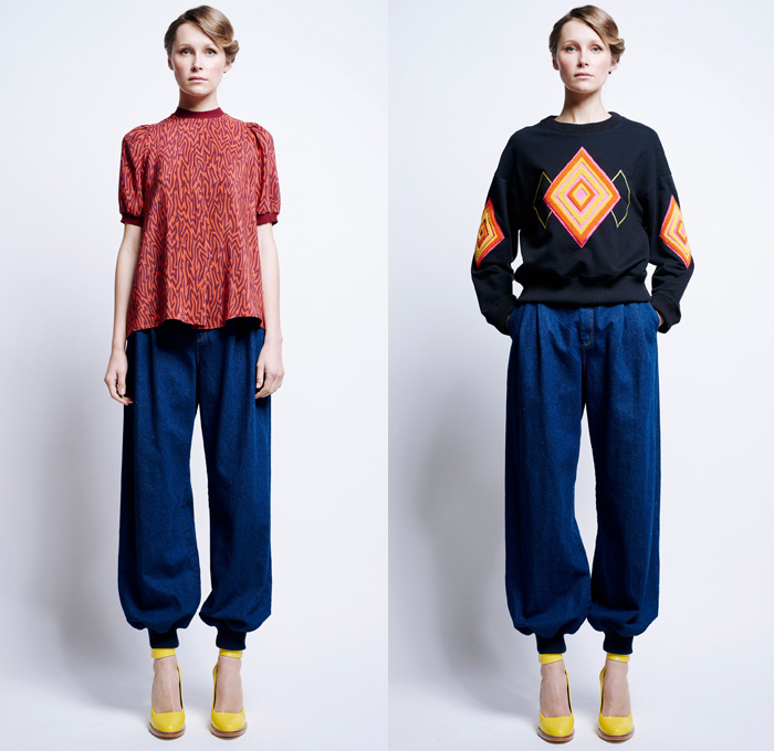 Karen Walker 2016 Pre Fall Autumn Womens Lookbook Presentation - 1960s Sixties Mod Denim Jeans Poplin Shirt Blouse Khaki Wrap Harem Pants Sweaterdress Shirtdress Wide Leg Trousers Palazzo Cropped Pants Sheer Chiffon Flame Outline Maze Diamond Sweater Jumper Jacquard Ornamental Cargo Pockets Handkerchief Asymmetrical Hem Miniskirt Stripes Vest Waistcoat Tiered Dress Halter Top