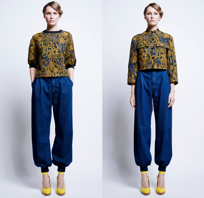 Karen Walker 2016 Pre Fall Autumn Womens Lookbook Presentation - 1960s Sixties Mod Denim Jeans Poplin Shirt Blouse Khaki Wrap Harem Pants Sweaterdress Shirtdress Wide Leg Trousers Palazzo Cropped Pants Sheer Chiffon Flame Outline Maze Diamond Sweater Jumper Jacquard Ornamental Cargo Pockets Handkerchief Asymmetrical Hem Miniskirt Stripes Vest Waistcoat Tiered Dress Halter Top