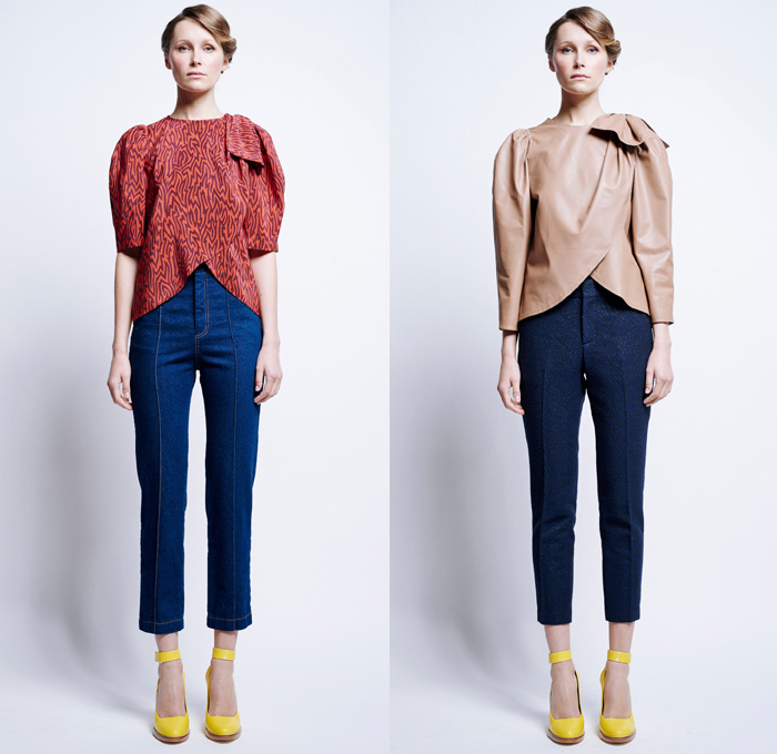 Karen Walker 2016 Pre Fall Autumn Womens Lookbook Presentation - 1960s Sixties Mod Denim Jeans Poplin Shirt Blouse Khaki Wrap Harem Pants Sweaterdress Shirtdress Wide Leg Trousers Palazzo Cropped Pants Sheer Chiffon Flame Outline Maze Diamond Sweater Jumper Jacquard Ornamental Cargo Pockets Handkerchief Asymmetrical Hem Miniskirt Stripes Vest Waistcoat Tiered Dress Halter Top