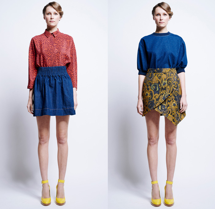 Karen Walker 2016 Pre Fall Autumn Womens Lookbook Presentation - 1960s Sixties Mod Denim Jeans Poplin Shirt Blouse Khaki Wrap Harem Pants Sweaterdress Shirtdress Wide Leg Trousers Palazzo Cropped Pants Sheer Chiffon Flame Outline Maze Diamond Sweater Jumper Jacquard Ornamental Cargo Pockets Handkerchief Asymmetrical Hem Miniskirt Stripes Vest Waistcoat Tiered Dress Halter Top