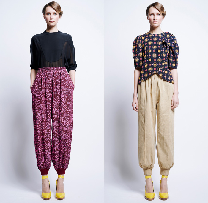 Karen Walker 2016 Pre Fall Autumn Womens Lookbook Presentation - 1960s Sixties Mod Denim Jeans Poplin Shirt Blouse Khaki Wrap Harem Pants Sweaterdress Shirtdress Wide Leg Trousers Palazzo Cropped Pants Sheer Chiffon Flame Outline Maze Diamond Sweater Jumper Jacquard Ornamental Cargo Pockets Handkerchief Asymmetrical Hem Miniskirt Stripes Vest Waistcoat Tiered Dress Halter Top