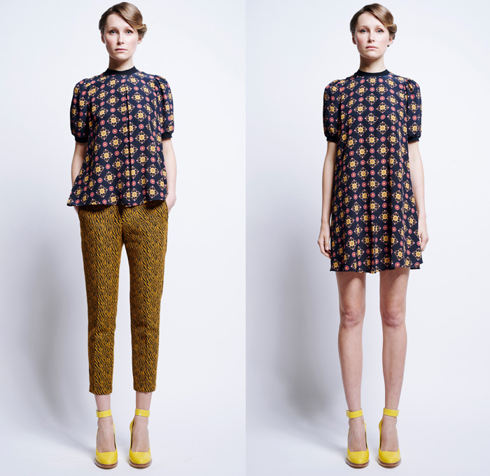 Karen Walker 2016 Pre Fall Autumn Womens Lookbook Presentation - 1960s Sixties Mod Denim Jeans Poplin Shirt Blouse Khaki Wrap Harem Pants Sweaterdress Shirtdress Wide Leg Trousers Palazzo Cropped Pants Sheer Chiffon Flame Outline Maze Diamond Sweater Jumper Jacquard Ornamental Cargo Pockets Handkerchief Asymmetrical Hem Miniskirt Stripes Vest Waistcoat Tiered Dress Halter Top