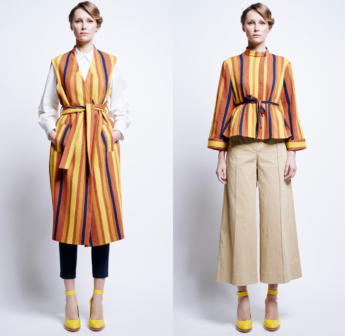 Karen Walker 2016 Pre Fall Autumn Womens Lookbook Presentation - 1960s Sixties Mod Denim Jeans Poplin Shirt Blouse Khaki Wrap Harem Pants Sweaterdress Shirtdress Wide Leg Trousers Palazzo Cropped Pants Sheer Chiffon Flame Outline Maze Diamond Sweater Jumper Jacquard Ornamental Cargo Pockets Handkerchief Asymmetrical Hem Miniskirt Stripes Vest Waistcoat Tiered Dress Halter Top