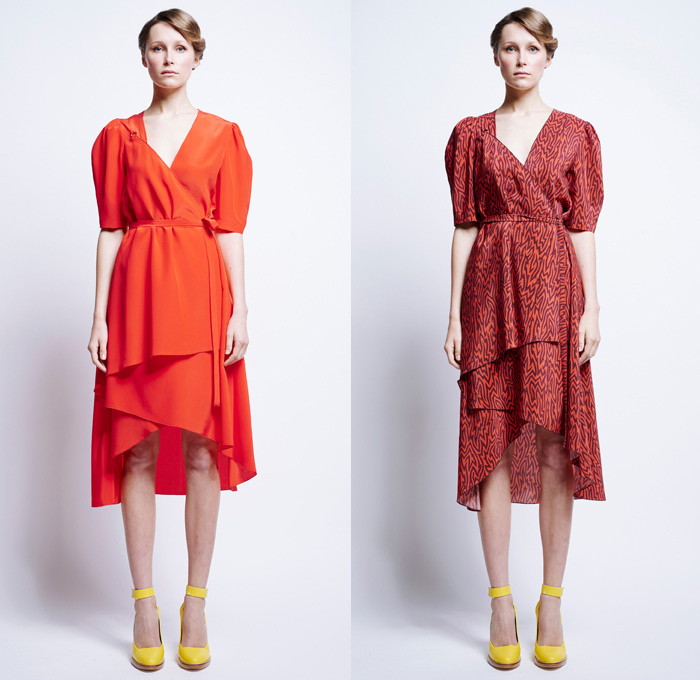 Karen Walker 2016 Pre Fall Autumn Womens Lookbook Presentation - 1960s Sixties Mod Denim Jeans Poplin Shirt Blouse Khaki Wrap Harem Pants Sweaterdress Shirtdress Wide Leg Trousers Palazzo Cropped Pants Sheer Chiffon Flame Outline Maze Diamond Sweater Jumper Jacquard Ornamental Cargo Pockets Handkerchief Asymmetrical Hem Miniskirt Stripes Vest Waistcoat Tiered Dress Halter Top