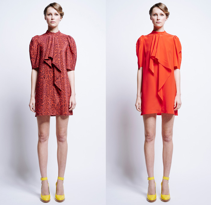 Karen Walker 2016 Pre Fall Autumn Womens Lookbook Presentation - 1960s Sixties Mod Denim Jeans Poplin Shirt Blouse Khaki Wrap Harem Pants Sweaterdress Shirtdress Wide Leg Trousers Palazzo Cropped Pants Sheer Chiffon Flame Outline Maze Diamond Sweater Jumper Jacquard Ornamental Cargo Pockets Handkerchief Asymmetrical Hem Miniskirt Stripes Vest Waistcoat Tiered Dress Halter Top