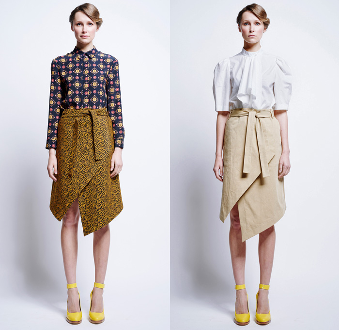 Karen Walker 2016 Pre Fall Autumn Womens Lookbook Presentation - 1960s Sixties Mod Denim Jeans Poplin Shirt Blouse Khaki Wrap Harem Pants Sweaterdress Shirtdress Wide Leg Trousers Palazzo Cropped Pants Sheer Chiffon Flame Outline Maze Diamond Sweater Jumper Jacquard Ornamental Cargo Pockets Handkerchief Asymmetrical Hem Miniskirt Stripes Vest Waistcoat Tiered Dress Halter Top