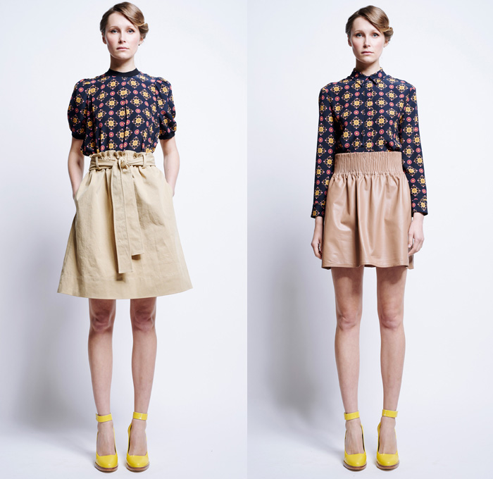 Karen Walker 2016 Pre Fall Autumn Womens Lookbook Presentation - 1960s Sixties Mod Denim Jeans Poplin Shirt Blouse Khaki Wrap Harem Pants Sweaterdress Shirtdress Wide Leg Trousers Palazzo Cropped Pants Sheer Chiffon Flame Outline Maze Diamond Sweater Jumper Jacquard Ornamental Cargo Pockets Handkerchief Asymmetrical Hem Miniskirt Stripes Vest Waistcoat Tiered Dress Halter Top