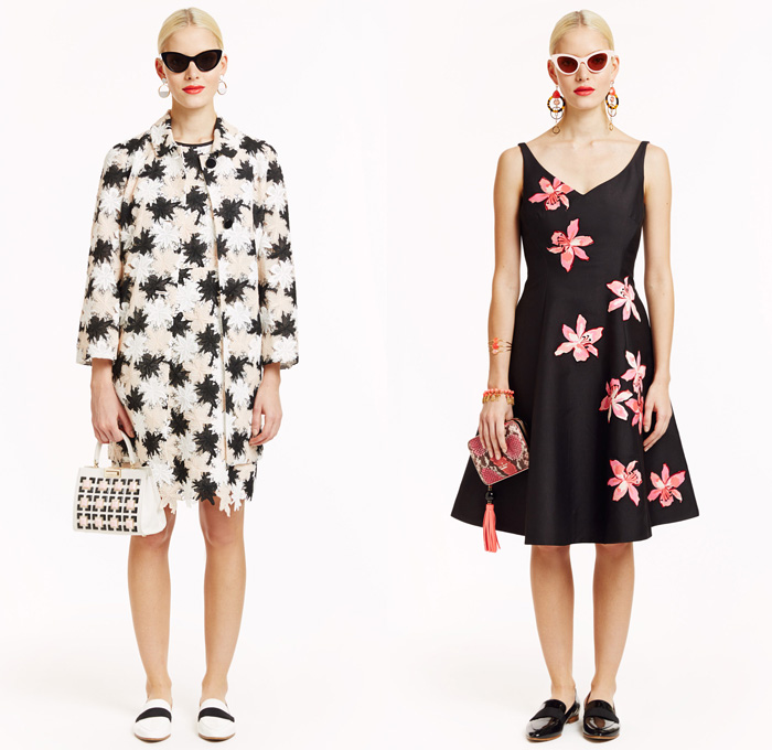 Kate Spade New York 2016 Pre Fall Autumn Womens Lookbook Presentation - Denim Jeans Silk Motorcycle Biker Leather Outerwear Jacket Sheer Chiffon Lace Lasercut Ribbon Drawstring Halter Top Flowers Floral Botanical Print Pattern Motif Skirt Frock Embroidery 3D Embellishments Adornments Bedazzled Check Peplum Handbag Purse Reptile Snake Tote Palm Leaf Bananas