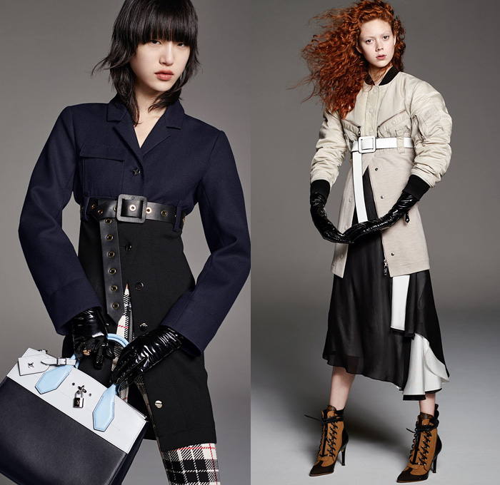 Louis Vuitton 2016 Pre Fall Autumn Womens Lookbook Presentation - Neo-Classic Sporty Steampunk Leg-of-Mutton Balloon Sleeves Zipper Front Colorblock Cinch Belt Gauntlet Gloves Chunky Knit Sweater Turtleneck Crop Top Midriff Plaid Tartan Check Motorcycle Biker Pants Boots Jacket Embroidery Embellished Bedazzled Sequins Bomber Jacket Half Panel Noodle Strap Dress Drapery Sheer Chiffon Pleats Gothic Handbag Crossbody Purse Clutch
