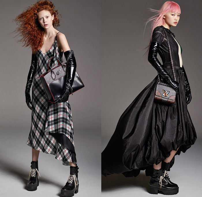 Louis Vuitton 2016 Pre Fall Autumn Womens Lookbook Presentation - Neo-Classic Sporty Steampunk Leg-of-Mutton Balloon Sleeves Zipper Front Colorblock Cinch Belt Gauntlet Gloves Chunky Knit Sweater Turtleneck Crop Top Midriff Plaid Tartan Check Motorcycle Biker Pants Boots Jacket Embroidery Embellished Bedazzled Sequins Bomber Jacket Half Panel Noodle Strap Dress Drapery Sheer Chiffon Pleats Gothic Handbag Crossbody Purse Clutch