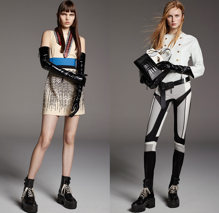 Louis Vuitton 2016 Pre Fall Autumn Womens Lookbook Presentation - Neo-Classic Sporty Steampunk Leg-of-Mutton Balloon Sleeves Zipper Front Colorblock Cinch Belt Gauntlet Gloves Chunky Knit Sweater Turtleneck Crop Top Midriff Plaid Tartan Check Motorcycle Biker Pants Boots Jacket Embroidery Embellished Bedazzled Sequins Bomber Jacket Half Panel Noodle Strap Dress Drapery Sheer Chiffon Pleats Gothic Handbag Crossbody Purse Clutch