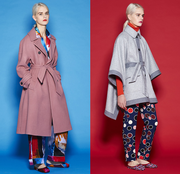 Mantù 2016 Pre Fall Autumn Womens Lookbook Presentation - Outerwear Oversized Trench Coat Pussycat Bow Ribbon Slip-ons Abstract Wide Leg Trousers Palazzo Pants Robe Cloak Pants Trousers Tie-up Waist Jacquard Turtleneck Pantsuit Sheer Chiffon Lace Shirtdress Knit Weave Blouse Long Sleeve Shirt Embellishments Bedazzled Cardigan Dots Pencil Skirt Frock