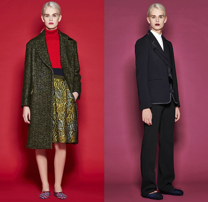 Mantù 2016 Pre Fall Autumn Womens Lookbook Presentation - Outerwear Oversized Trench Coat Pussycat Bow Ribbon Slip-ons Abstract Wide Leg Trousers Palazzo Pants Robe Cloak Pants Trousers Tie-up Waist Jacquard Turtleneck Pantsuit Sheer Chiffon Lace Shirtdress Knit Weave Blouse Long Sleeve Shirt Embellishments Bedazzled Cardigan Dots Pencil Skirt Frock
