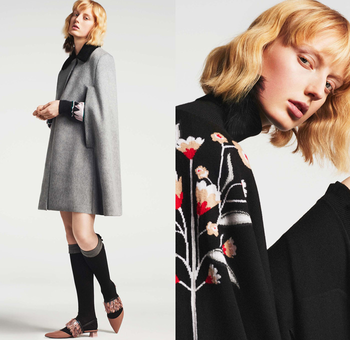 Markus Lupfer 2016 Pre Fall Autumn Womens Lookbook Presentation - Parisian Flowers Floral Pattern Motif Embroidery Metallic Studs Sheer Chiffon Tulle Knit Sweater Jumper Outerwear Coat Cloak Cape Hanging Sleeve Coatdress Plaid Tartan Check Socks Wool Blouse Long Sleeve Shirt Turtleneck Beret Hat Miniskirt Swan Cargo Pockets Parka Bomber Jacket Scarf Dress Geometric Ruffles Jacket Handbag Clutch Purse Crossbody 